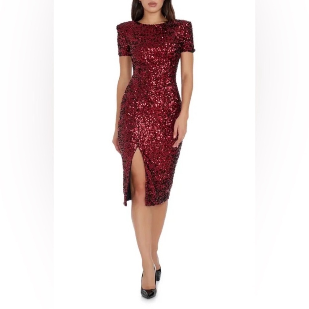 NWOT Dress the population Natasha Sequin Sheath Port Red Midi Dress sz S